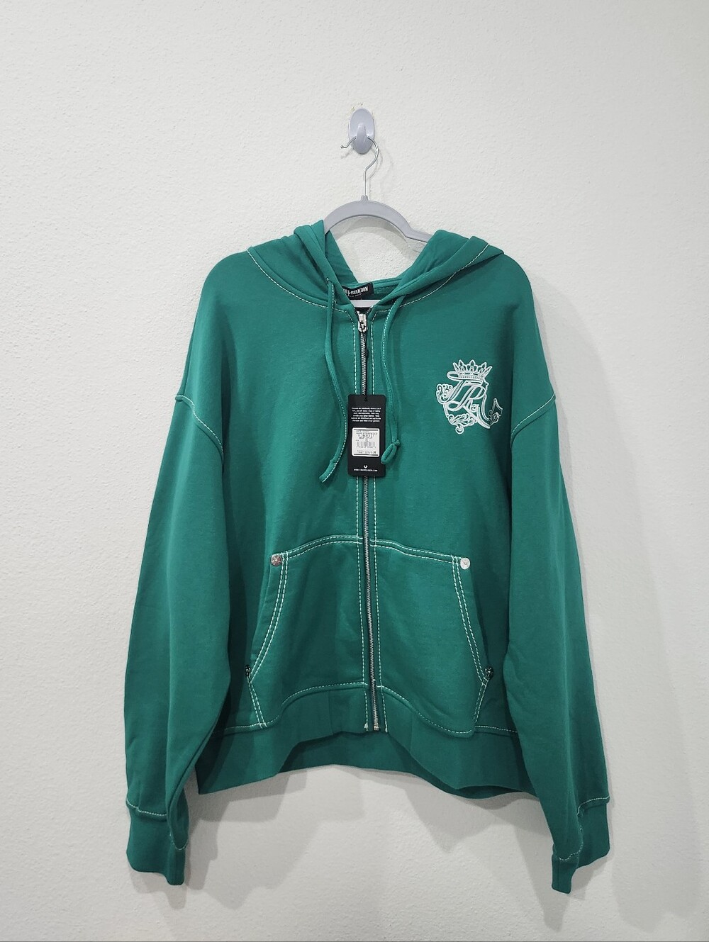 True Religion Logo Crest Big TR Boxy Zip-Up Hoodie Green Adult Size XL NWT